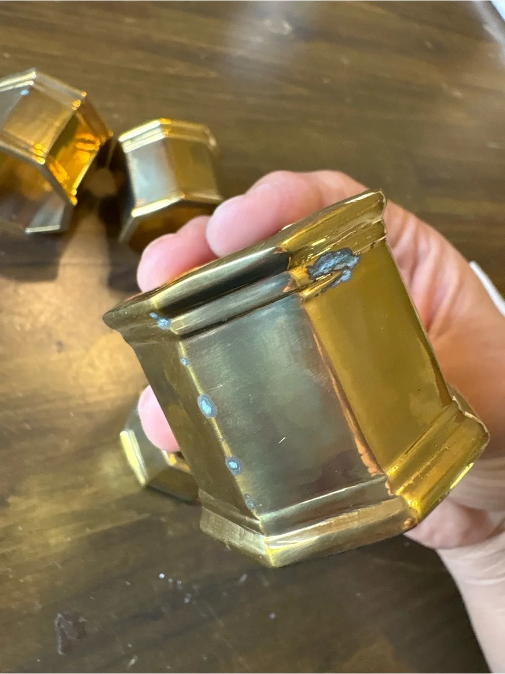 Vintage Brass Hexagon Napkin Rings Set 4 Made In India MCM Hollywood Regency